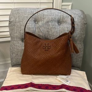 Tory Burch tan Thea Woven Hobo Shoulder Bag purse EUC